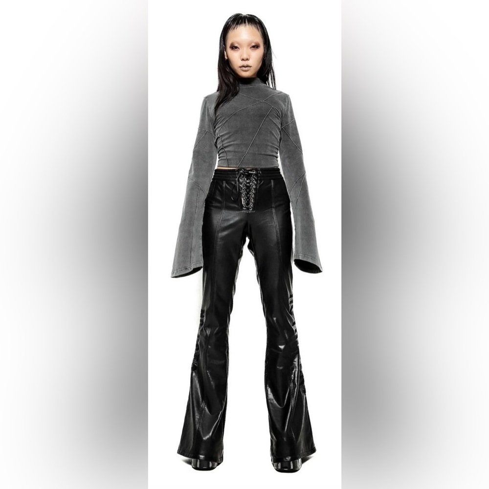 Fan All Flames No Gods No Masters Embroidered Flared Pants Black Vegan Leather